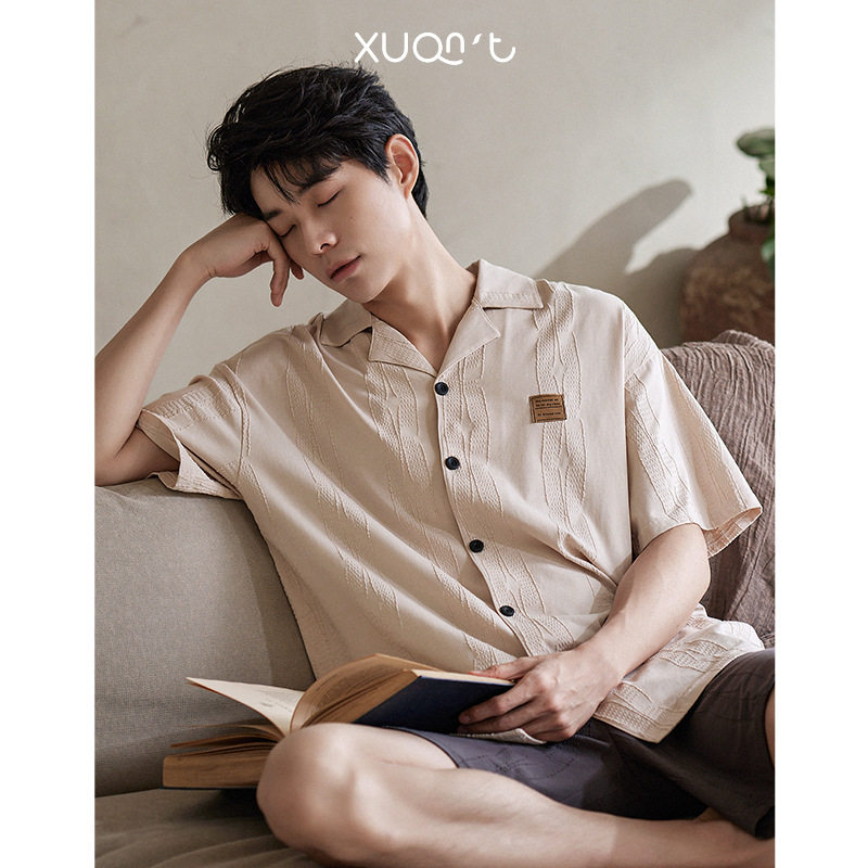 男士睡衣夏季纯棉短袖薄款素雅高级感宽松可外穿男款家居服两件套