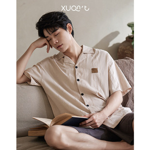 男士睡衣夏季纯棉短袖薄款素雅高级感宽松可外穿男款家居服两件套