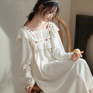 睡裙女秋季纯棉长袖甜美休闲白色长款睡衣时尚可外穿连衣裙家居服