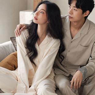 春秋款情侣睡衣长袖长裤女莫代尔棉纯色高级感秋冬男士家居服套装