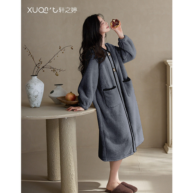 珊瑚绒睡袍女冬季加绒加厚长款睡裙高级感简约休闲法兰绒睡衣浴袍