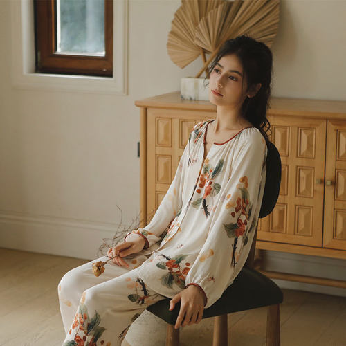 秋季人棉贡缎圆领开衫家居服甜美森系果实印花长袖睡衣套装可外穿