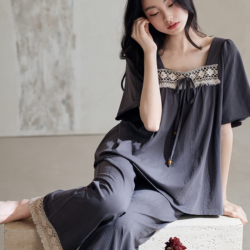 短袖长裤睡衣女夏季纯棉薄款时尚休闲可外穿高级感家居服套装夏天