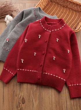 女童毛衣开衫秋冬季儿童中古风圆领针织衫外套中大童洋气红色上衣