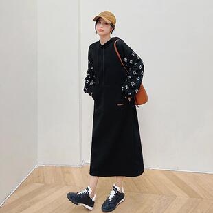 加大码女装200斤秋冬宽松遮肚显瘦长款连衣裙拼接袖加厚连帽卫衣