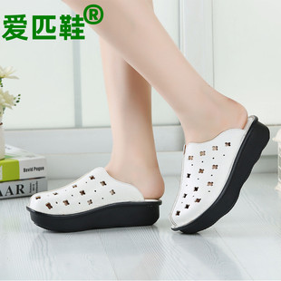 2025真皮拖鞋休闲镂空夏季凉拖头层牛皮厚底女鞋松糕防滑包头白色