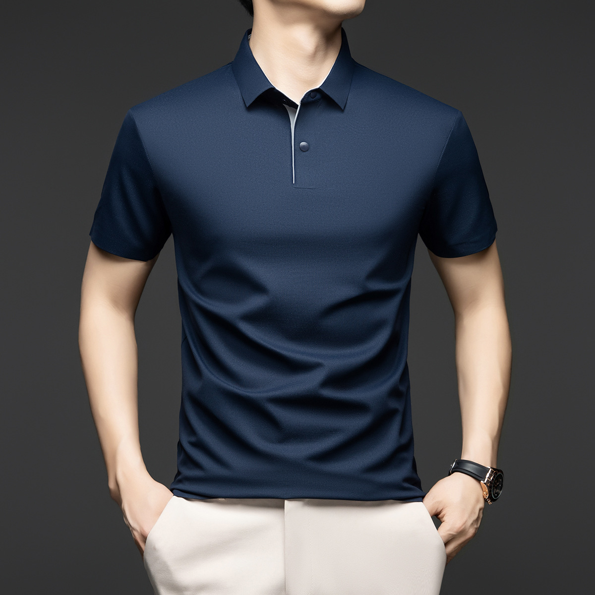 高档无痕Polo衫2025夏中年男士纯色翻领T恤上衣冰丝短袖外贸代发