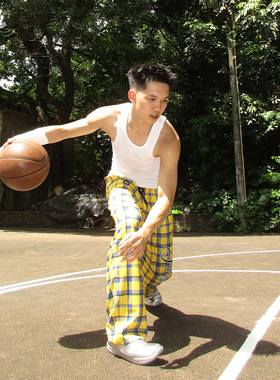 SWISH THE BALL IN美式运动复古格子纹长裤华夫格训练篮球直筒裤