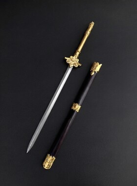 龙泉手工制作微兵器1:4刀剑全铜黑檀木大马士革夹钢剑身未开刃