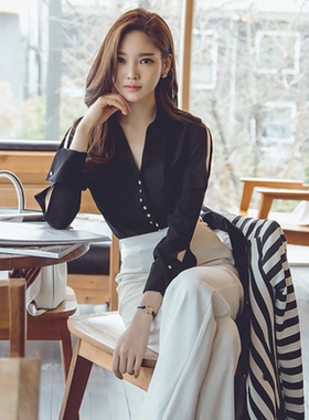 2021春季黑色衬衫女长袖时尚OL气质v领衬衣雪纺通勤百搭修身上衣