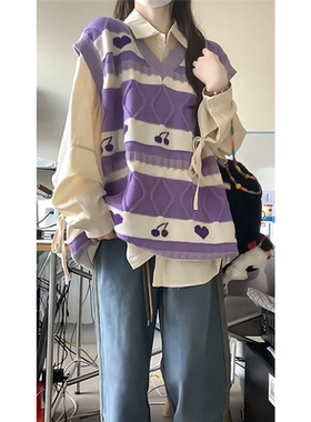 胖MM200斤特大码学院风紫色百搭针织马甲背心宽松叠穿衬衫两件套