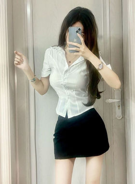 胖MM大码学院风夏女收腰显瘦jk衬衫辣妹纯欲白色短袖衬衣白色修身