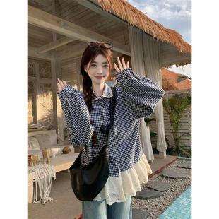 法式 娃娃长袖 2025甜美蕾丝拼接格子衬衫 花边春季 上衣 新款 胖MM大码