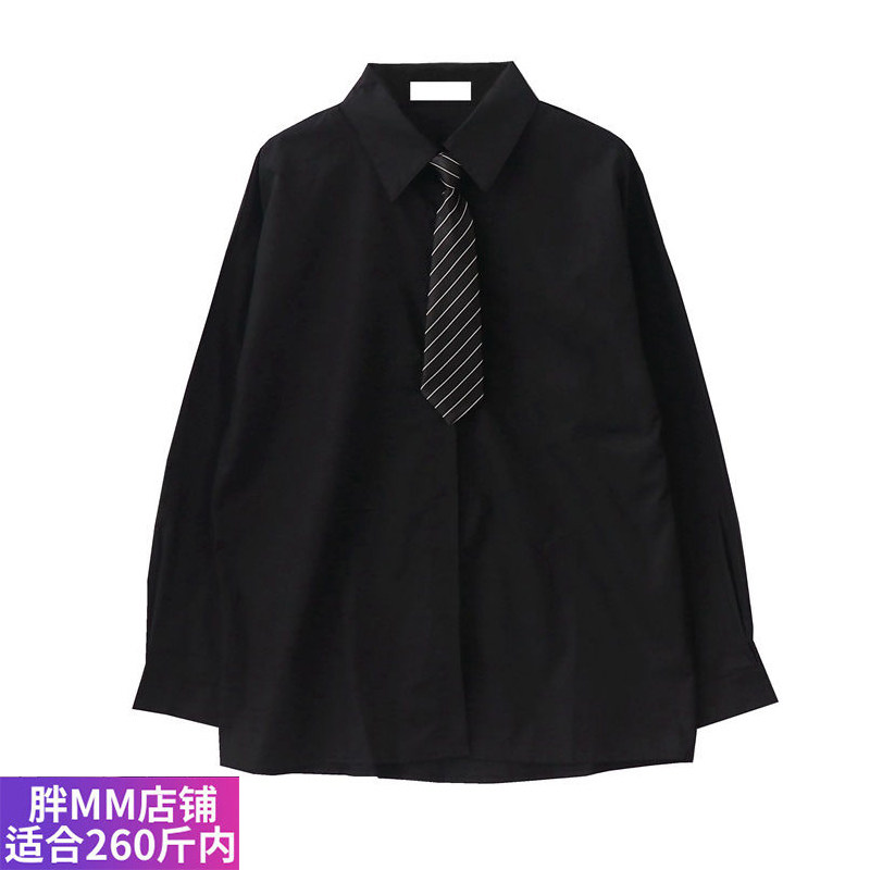 胖mm200斤遮肉系上衣秋冬新款复古港味长袖宽松衬衫配条纹领带潮