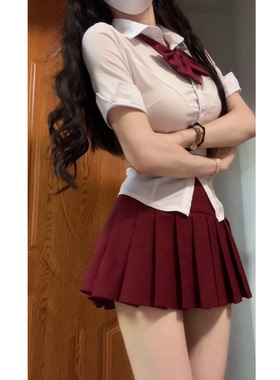 胖MM200斤特大码收腰性感时尚衬衫泡泡袖上衣高腰百褶短裙套装