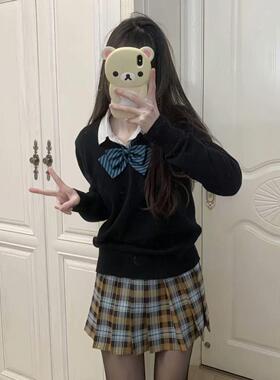 胖MM大码日系长袖宽松百搭针织衫套头黑色毛衣秋刀鱼格裙JK套装女
