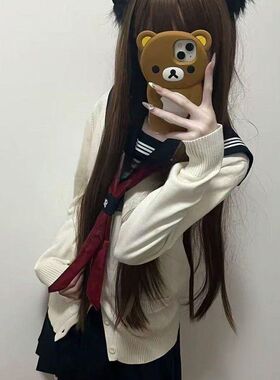 胖MM大码早秋JK制服针织衫白色开衫学院风白三本水手服短裙套装女