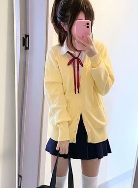 胖MM大码黄色针织开衫毛衣外套日系学院风小鸡黄针织长袖上衣套装