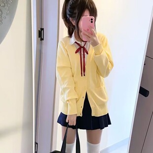 胖MM大码黄色针织开衫毛衣外套日系学院风小鸡黄针织长袖上衣套装