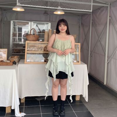 胖MM大码法式浅绿蕾丝连衣裙拼接吊带背心外穿不规则飘带无袖上衣