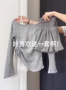 胖MM大码芭蕾运动风灰色蓬蓬花苞半身裙女夏季灰色罩衫三件套装潮