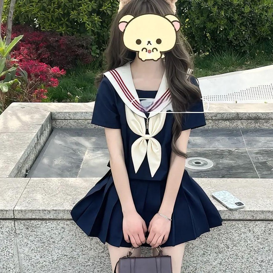 胖MM大码原创jk制服套装日系中间服基础款绀色水手服百褶短裙套装