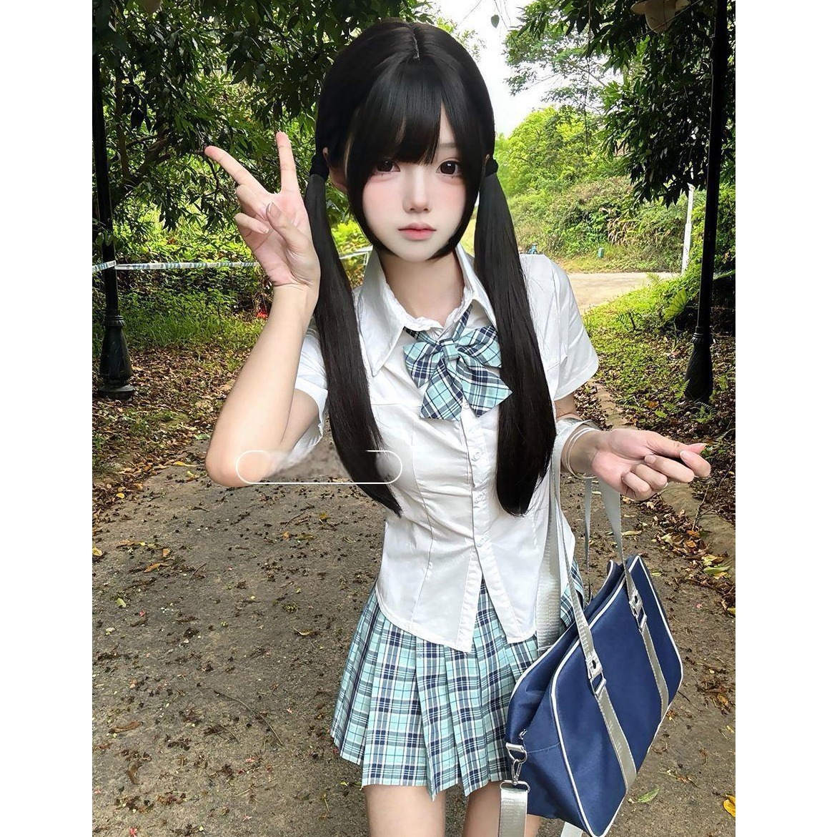 胖MM大码次日夏JK制服修身学院衬衫短袖辣妹上衣小清新格裙套装女
