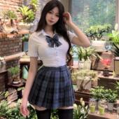 显瘦白色衬衣辣妹套装 紧身弹力学院风修身 jk制服收腰衬衫 胖MM大码