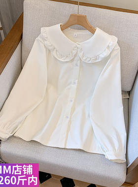 胖MM大码加绒加厚秋冬复古娃娃领衬衫女新款小众洋气长袖衬衣上衣