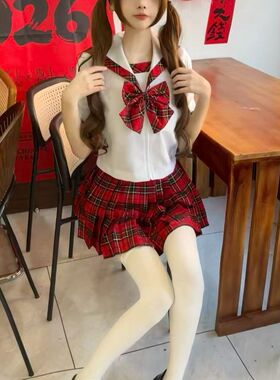 胖MM大码新款苏格兰红格裙学院风校供感短袖衬衫水手服一套JK制服