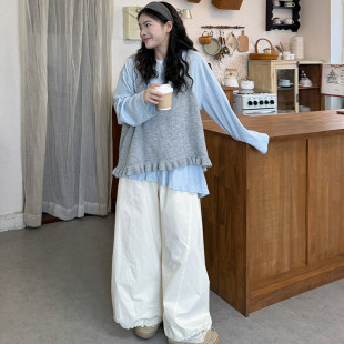 胖MM大码 毛衣 甜美小清新下摆木耳波浪边叠穿吊带针织马甲女无袖