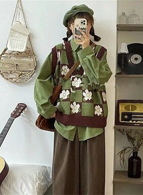 胖MM200斤特大码甜美小花提花针织毛衣复古宽松马甲背心内搭衬衣