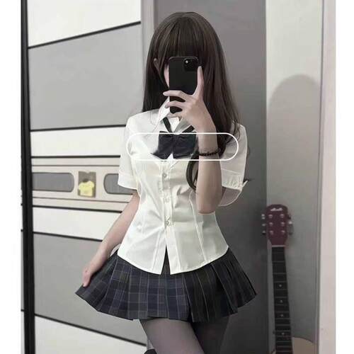 胖MM大码学院风夏季修身jk制服收腰衬衫上衣短袖显瘦白色辣妹衬衣