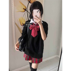 胖MM200斤特大码jk制服辣妹毛衣格裙套装秋冬长袖上衣学生针织衫