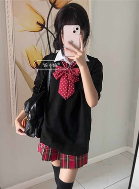 胖MM200斤特大码jk制服辣妹毛衣格裙套装秋冬长袖上衣学生针织衫