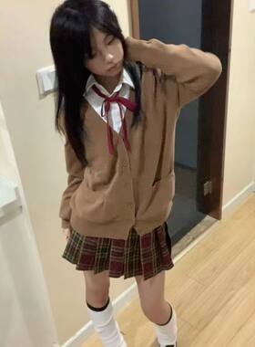 胖MM大码jk制服秋冬裙套装山楂树格裙棕色针织毛衣开衫外套全套女