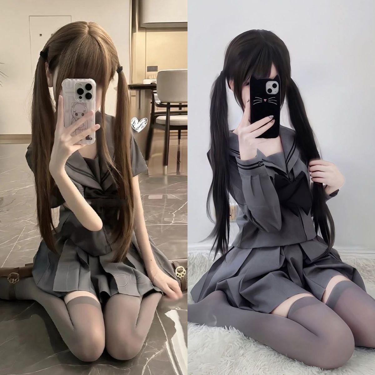 胖MM大码jk制服学院风灰二本水手服长短袖上衣基础款灰色短裙套装