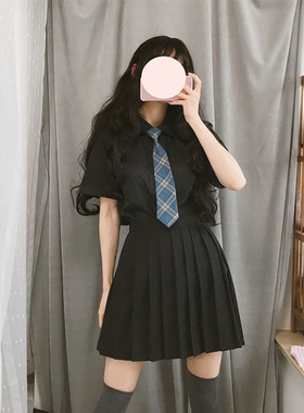 夏季新款大码女装日系JK学院风制服胖人穿搭加大黑色系带衬衫女潮