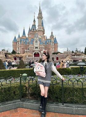 胖MM200斤特大码套装秋叠穿学院风V领无袖针织毛衣马甲衬衣百褶裙