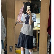 胖MM大码日系jk制服背心毛衣马甲学院55CM格裙针织衫无袖短裙套装
