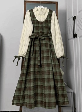 胖MM200斤特大码绿色格子假两件泡泡袖长袖连衣裙女长裙毛衣套装