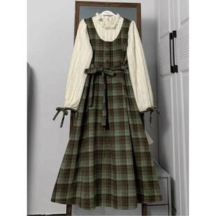 连衣裙女长裙毛衣套装 长袖 绿色格子假两件泡泡袖 胖MM200斤特大码
