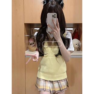 胖MM大码JK制服纯色马甲背心针织衫百褶裙短裙辣妹套装日系上衣女