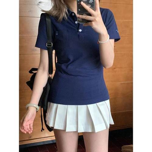胖MM大码JK制服Polo衫夏季新品日系学院风收腰刺绣短袖校供感上衣