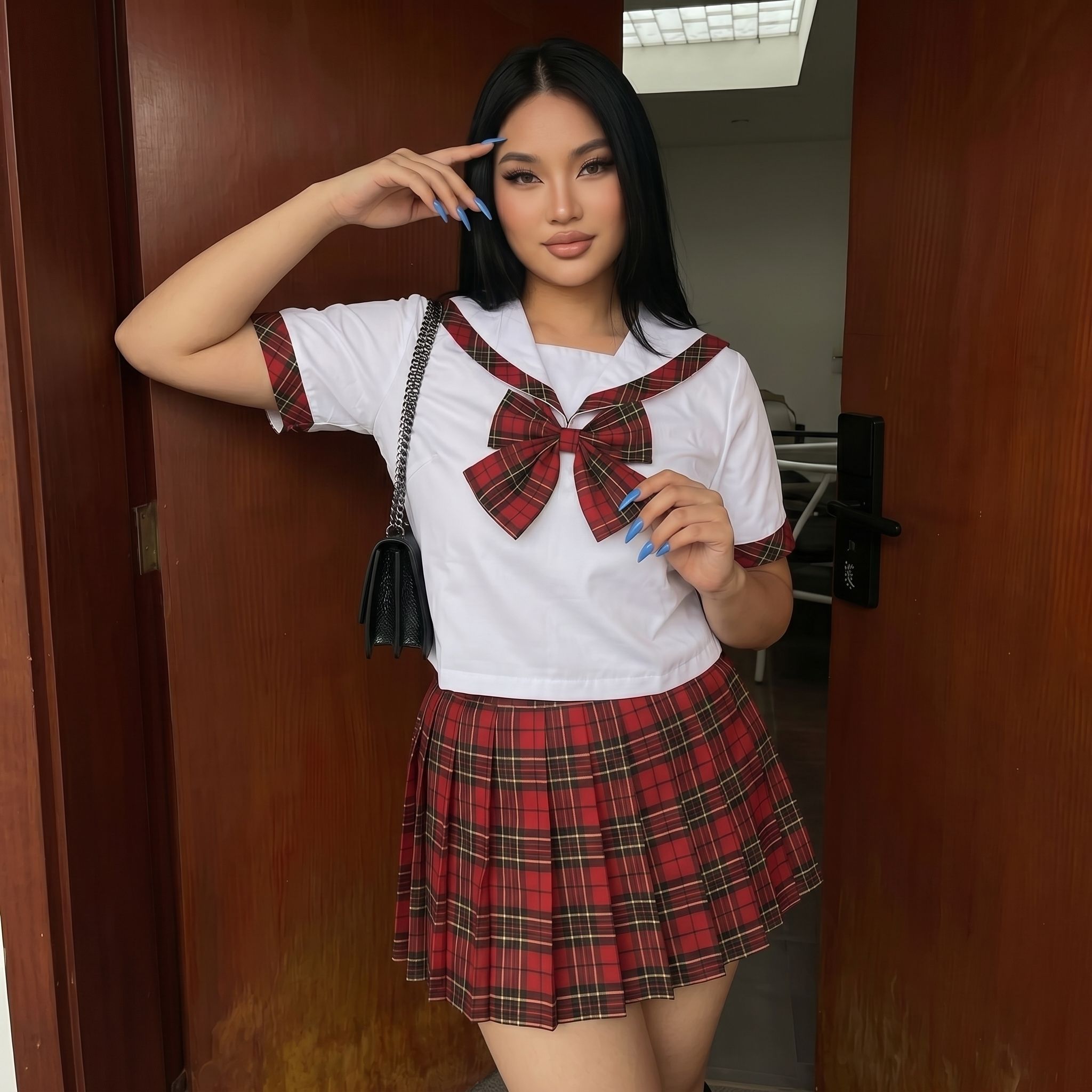 胖MM大码JK新款苏格兰红格裙学院风短袖衬衫水手服一整套JK制服女图片