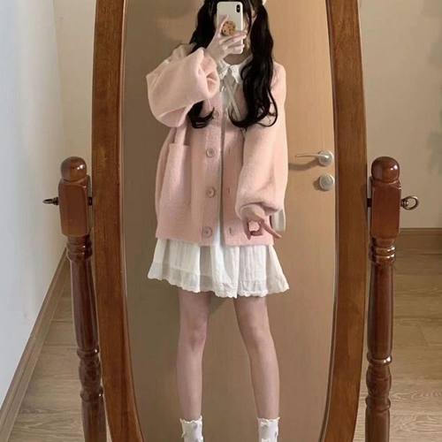 胖MM200斤特大码日系学院软糯粉色开衫毛衣冬宽松百搭针织衫外套