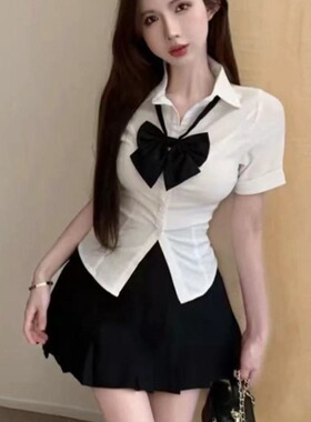 胖MM大码JK制服学院风日系基础款短袖衬衫白色上衣百褶裙JK全套装