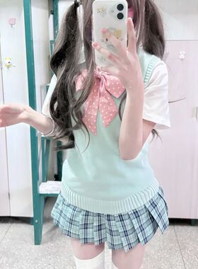 胖MM大码JK制服针织衫薄荷白色学院上衣套头毛衣春秋背心马甲春秋