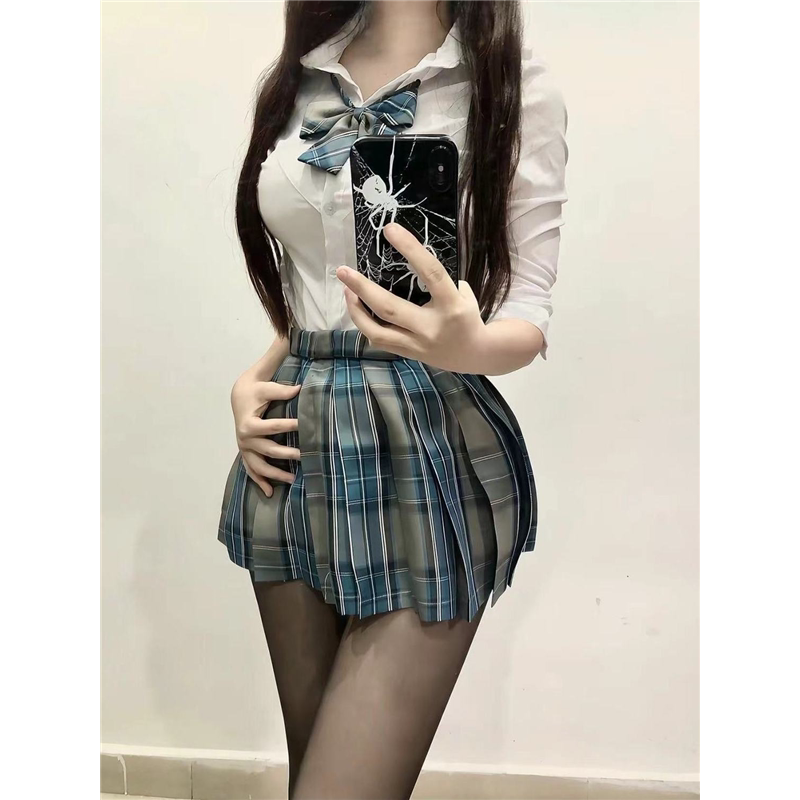 胖MM200斤特大码jk制服纯欲收腰衬衫掐腰上衣秋白色衬衣格裙套装图片