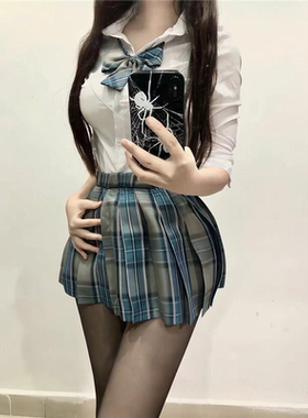 胖MM200斤特大码jk制服纯欲收腰衬衫掐腰上衣秋白色衬衣格裙套装